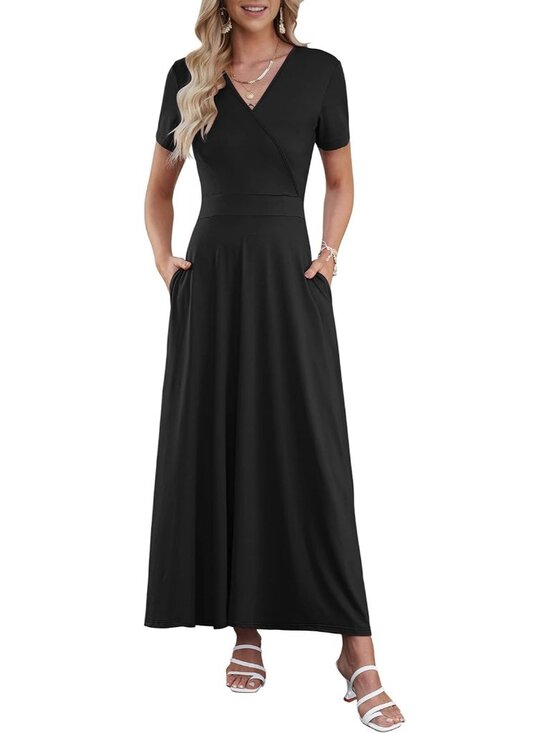 Dresses & Skirts - Women's Black V-Neck Short Sleeve Long Flowy Sundress Pull On Casual Maxi Dress